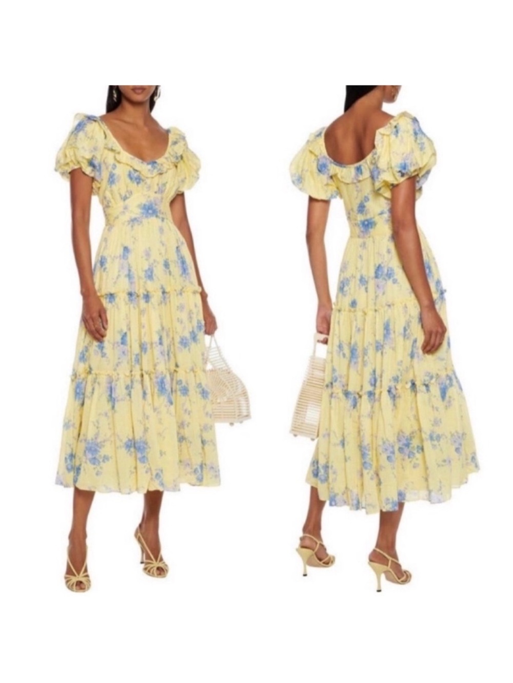 LoveShackFancy Yellow Floral Puff-Sleeve Midi Dress size 4